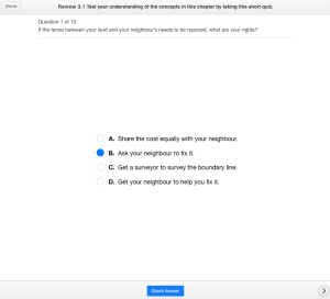 Example of a quiz question, allowing the user to check the answer